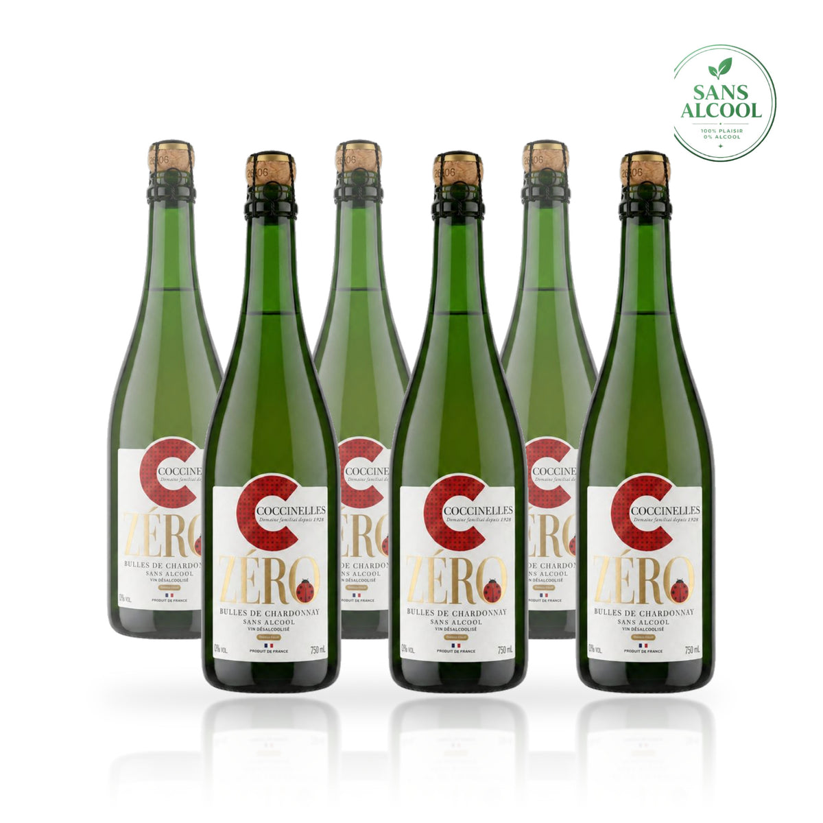 Six bouteilles de Coccinelles Zéro Bulles de Chardonnay sans alcool 75 cl