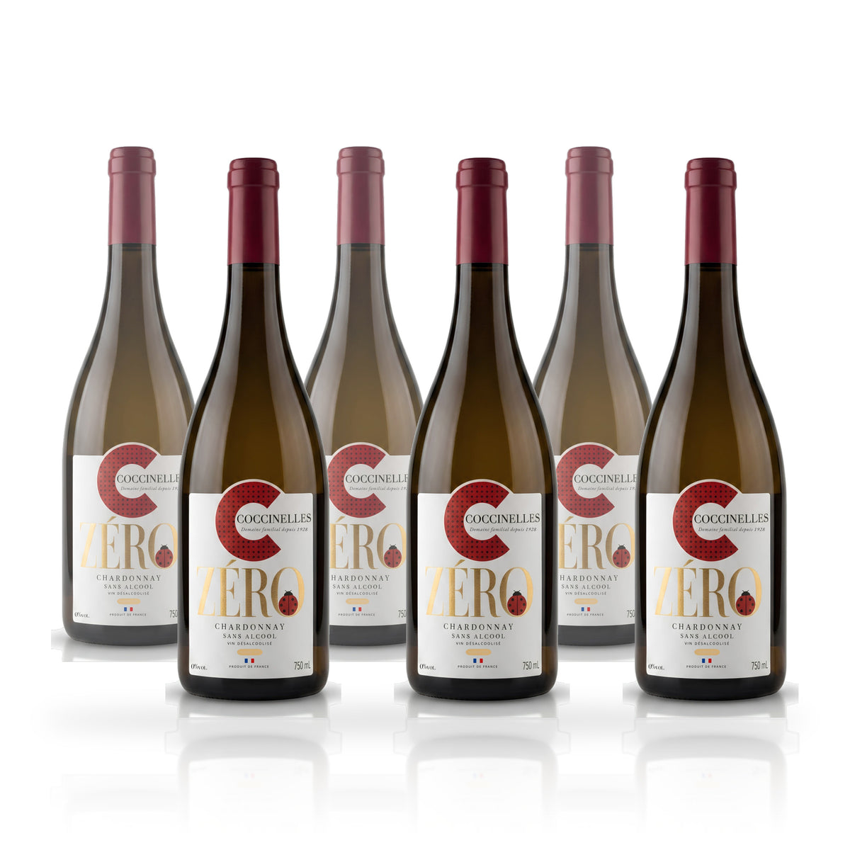 Six bouteilles de Cuvée Zéro Chardonnay sans alcool Coccinelles 75 cl