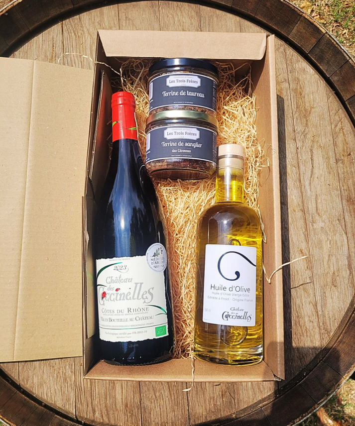 Coffret Vin Bio Huile d'Olive et Miel Château des Coccinelles – cadeau terroir Gard – Fête des Mères