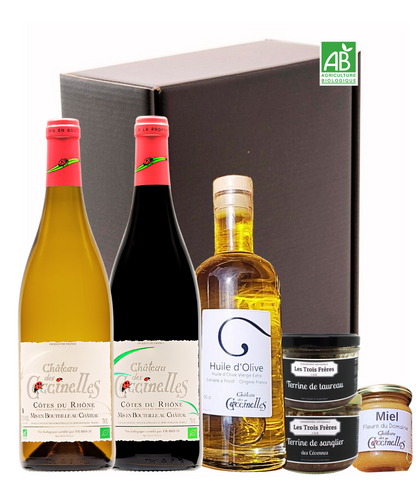 Coffret - Château des Coccinelles : Vin rouge, Vin blanc, Huile d'Olive et Tartinables