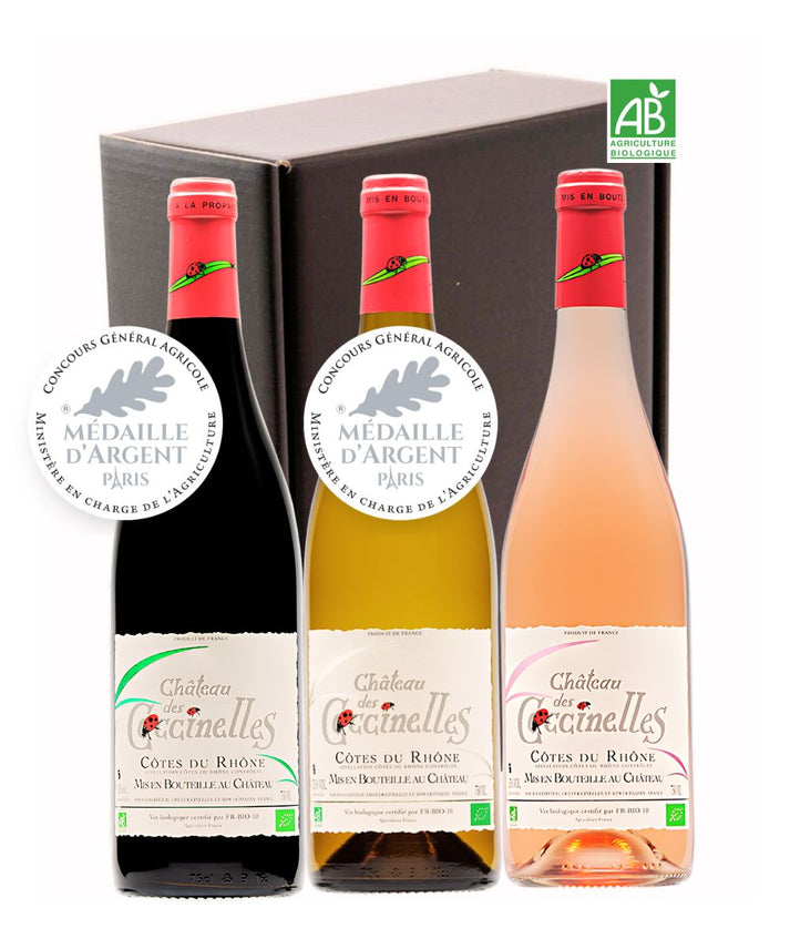 Coffret Trilogie Couleur Château des Coccinelles – 3 vins bio primés rouge blanc rosé – idée cadeau Fête des Mères