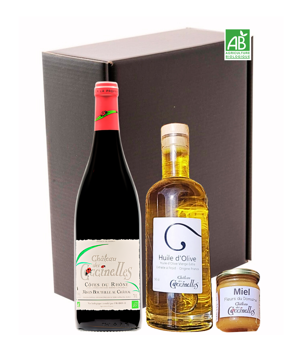 Coffret - Château des Coccinelles : Vin Rouge, Huile d'Olive et Miel