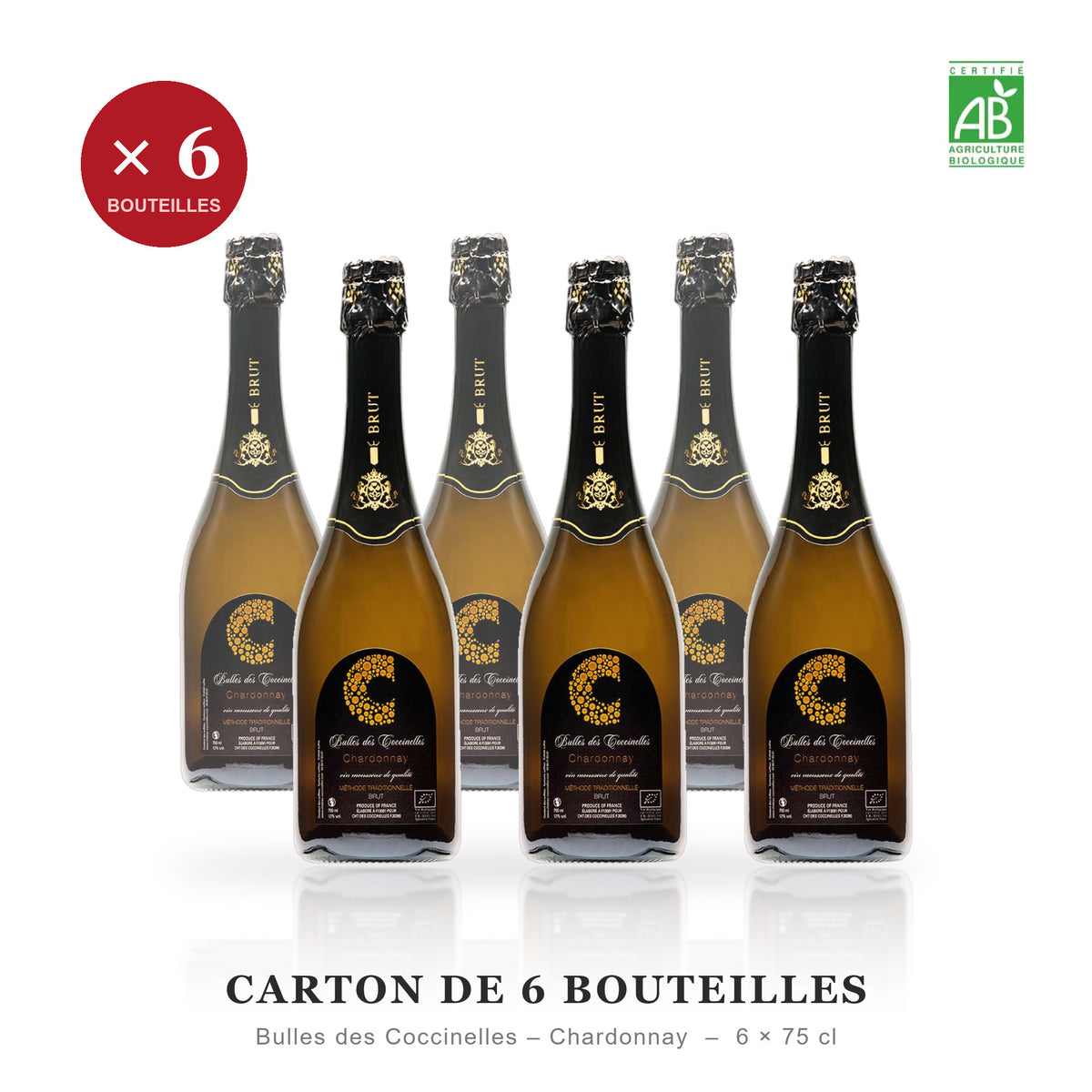 Carton de 6 bouteilles - Bulles des Coccinelles Chardonnay méthode traditionnelle biologique - 6 x 75 cl