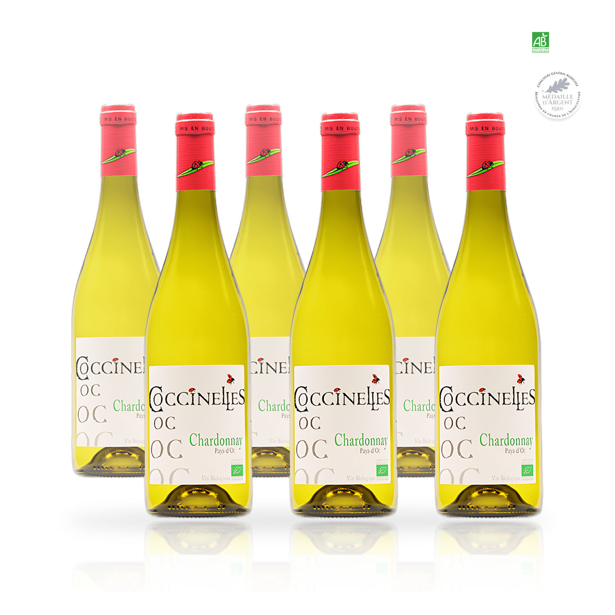 Zes flessen van 75 cl Coccinelles biologische Chardonnay, IGP Pays d'Oc