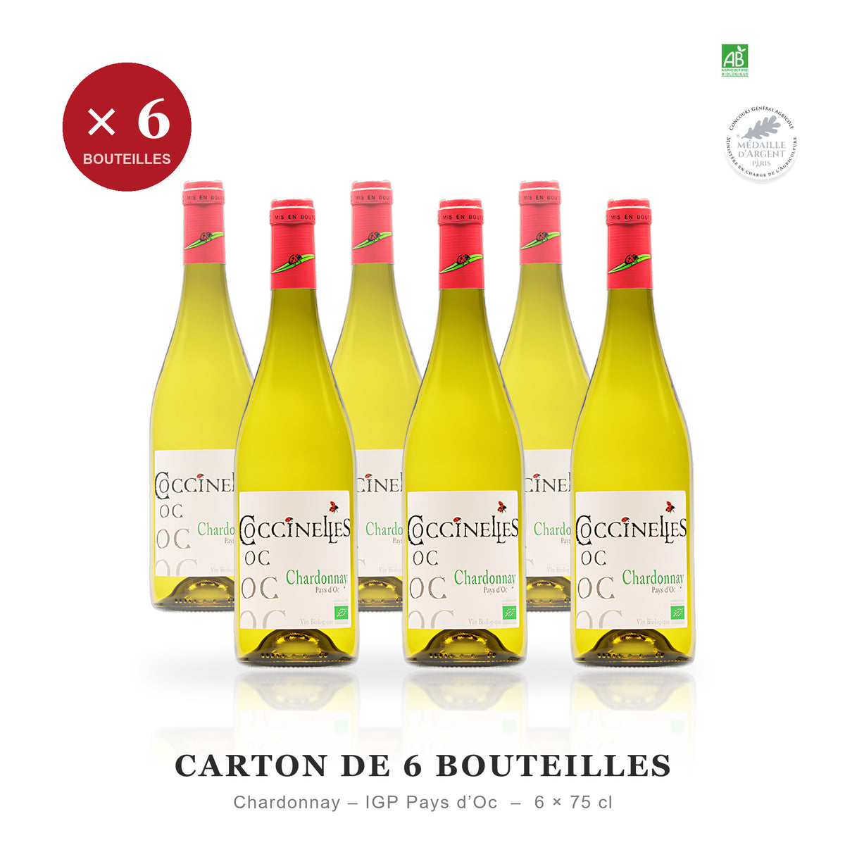 Doos met 6 flessen Coccinelles biologische Chardonnay, IGP Pays d'Oc, 6 x 75 cl