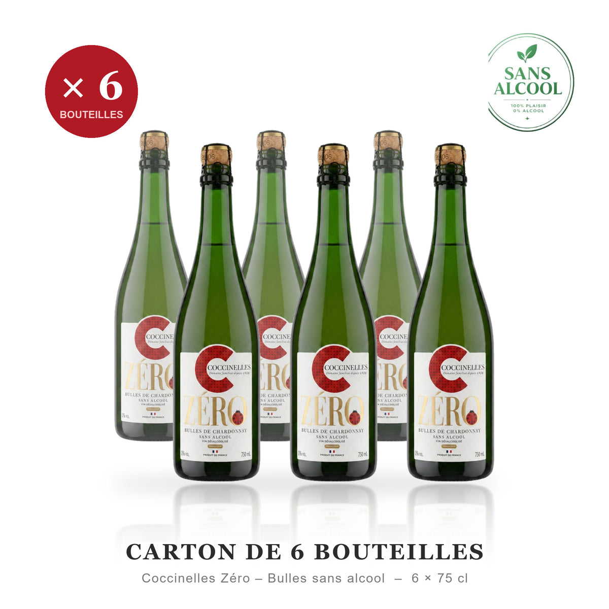 Carton de 6 bouteilles - Coccinelles Zéro Bulles de Chardonnay sans alcool - 6 x 75 cl