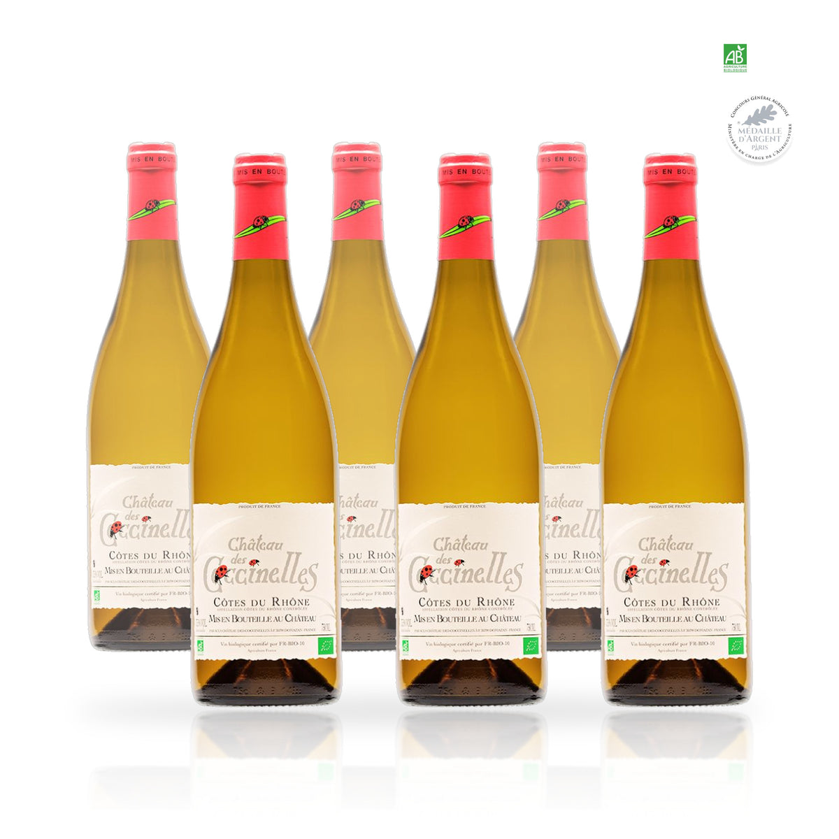 Six bouteilles de Château des Coccinelles Côtes du Rhône blanc biologique médaille d'Argent 75 cl
