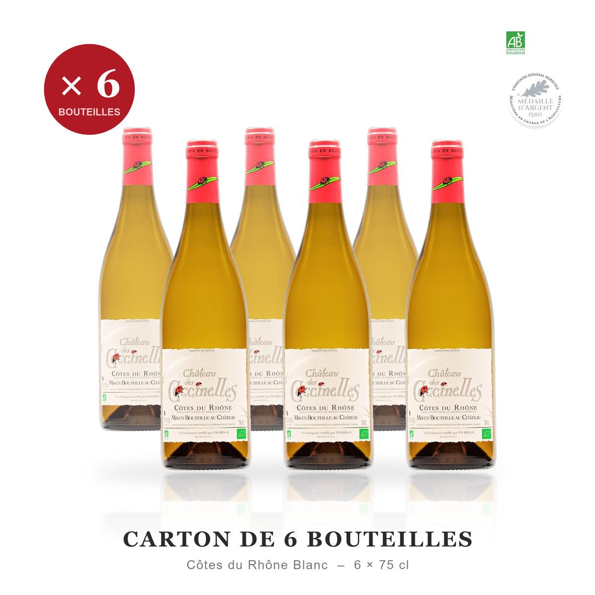 Carton de 6 bouteilles - Château des Coccinelles Côtes du Rhône blanc biologique médaille d'Argent - 6 x 75 cl