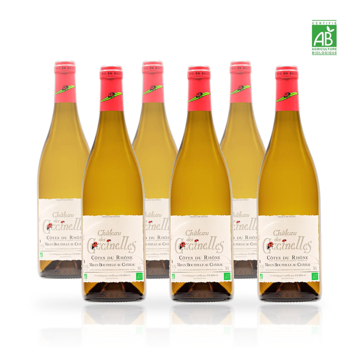 Six bouteilles de Château des Coccinelles Côtes du Rhône blanc biologique 75 cl