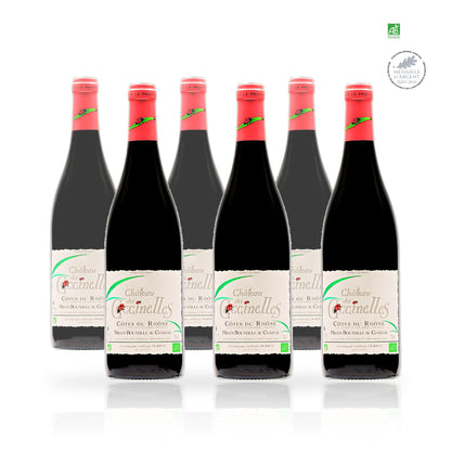 Sechs Flaschen Château des Coccinelles Côtes du Rhône Bio-Rotwein, je 75 cl