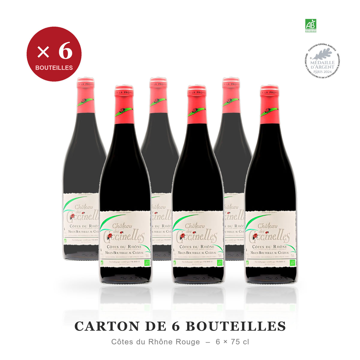 Karton mit 6 Flaschen Château des Coccinelles Côtes du Rhône Bio-Rotwein, 6 x 75 cl