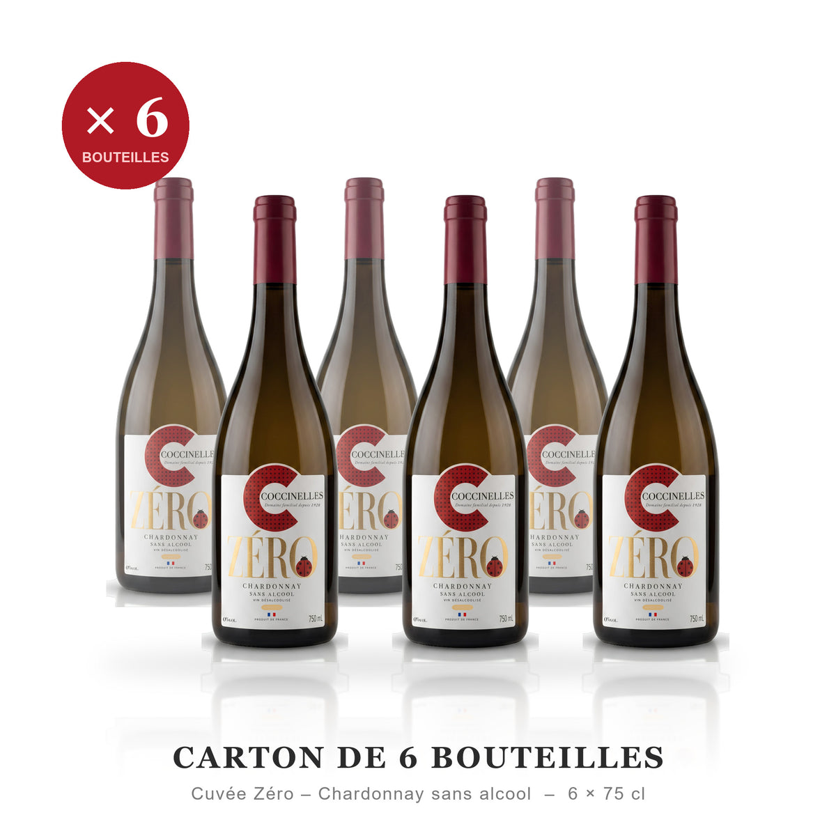 Carton de 6 bouteilles - Cuvée Zéro Chardonnay sans alcool Coccinelles - 6 x 75 cl