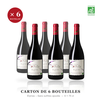 Doos met 6 flessen Élytres biologische rode wijn zonder toegevoegde sulfieten, Côtes du Rhône, 6 x 75 cl