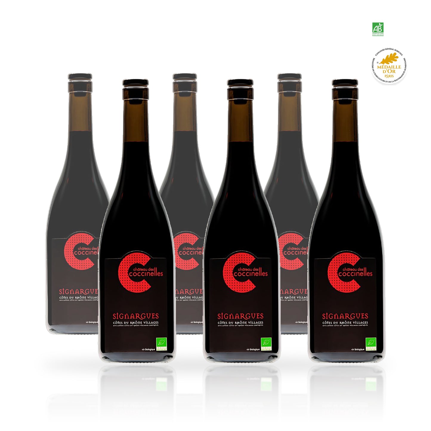Six bouteilles de Château des Coccinelles Signargues rouge biologique médaille d'Or 75 cl