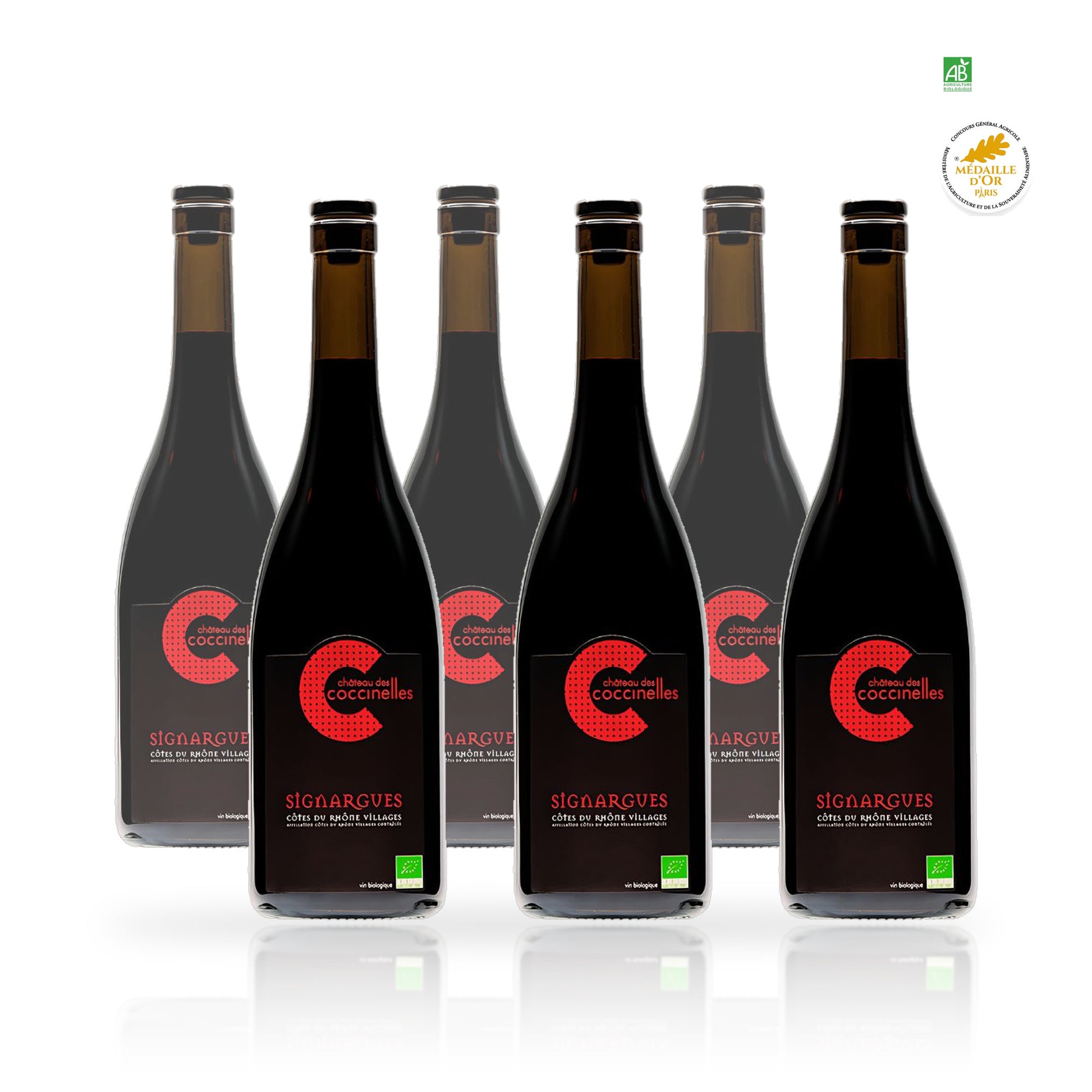 Six bouteilles de Château des Coccinelles Signargues rouge biologique médaille d'Or 75 cl