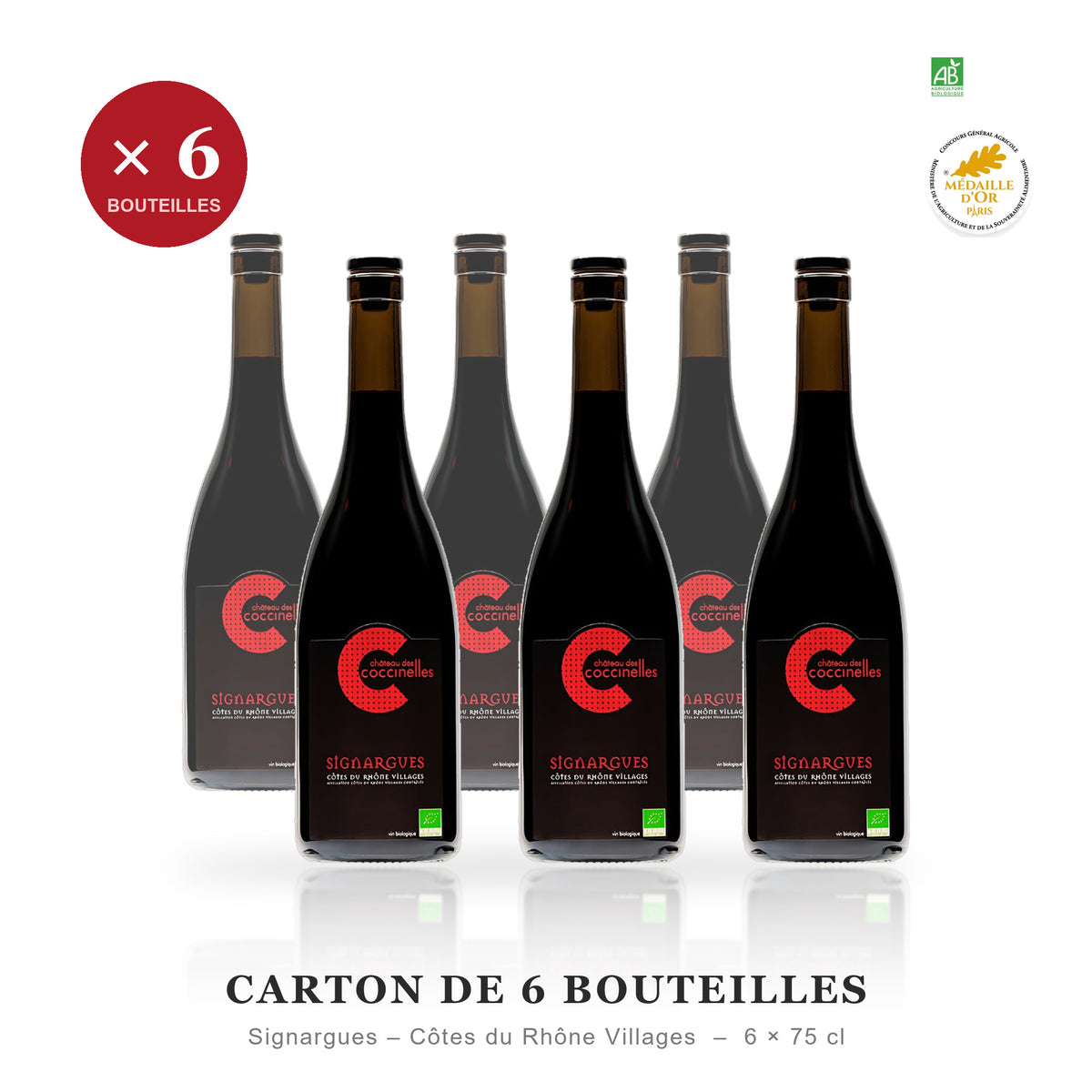 Carton de 6 bouteilles - Château des Coccinelles Signargues rouge biologique médaille d'Or - 6 x 75 cl