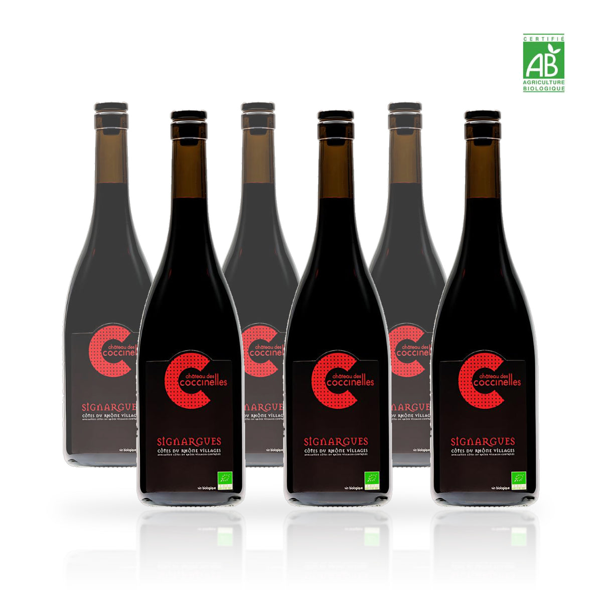 Six bouteilles de Château des Coccinelles Signargues rouge biologique 75 cl
