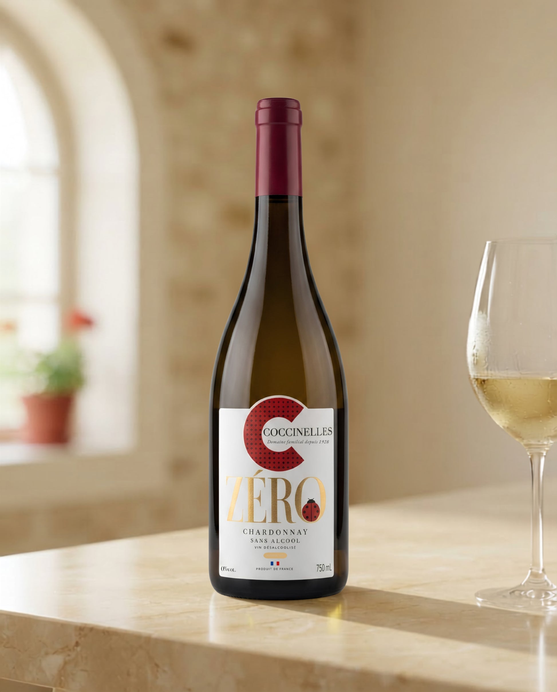 Verre de vin blanc sans alcool Cuvée Zéro Chardonnay servi à côté de la bouteille, dans le mas du Château des Coccinelles à Domazan