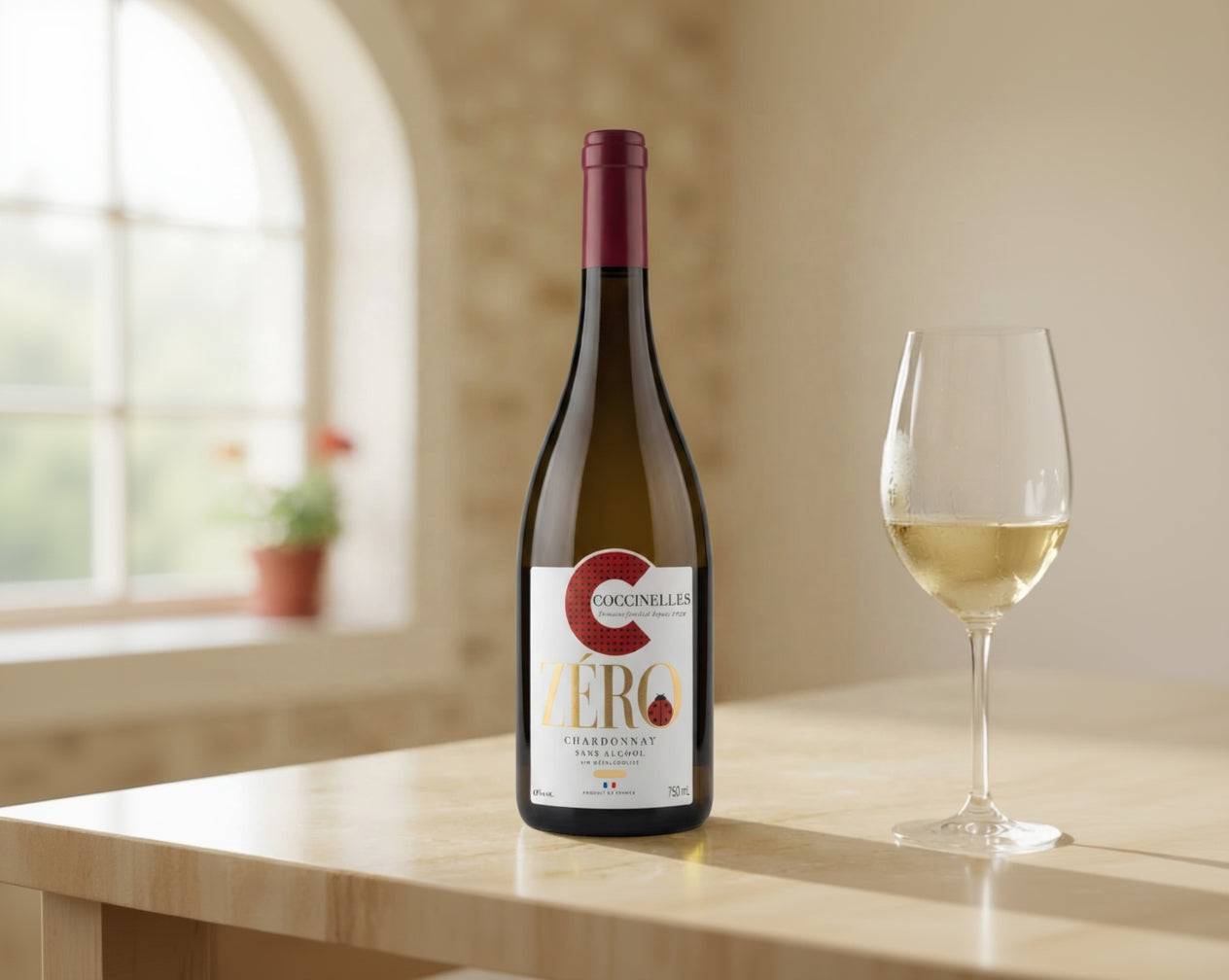 Verre de vin blanc sans alcool Cuvée Zéro Chardonnay servi à côté de la bouteille, dans le mas du Château des Coccinelles à Domazan