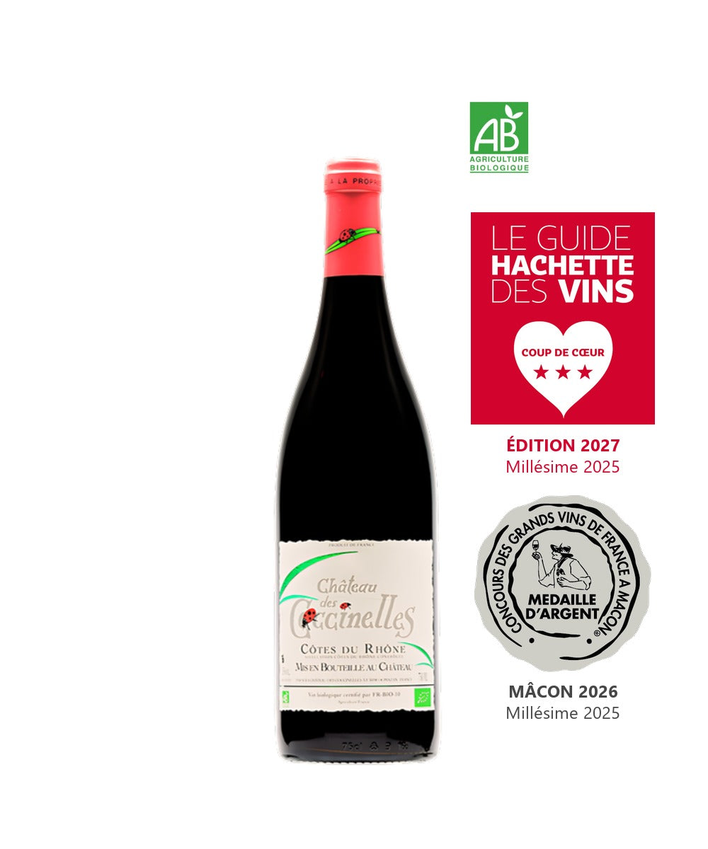 Côtes du Rhône rouge 2025 Château des Coccinelles, trois étoiles vin exceptionnel et coup de cœur du Guide Hachette des Vins 2027, médaille d'Argent Concours de Mâcon 2026