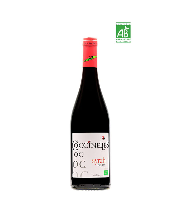 Bottle of 2023 Château des Coccinelles Syrah red wine - Organic IGP Pays d'Oc wine